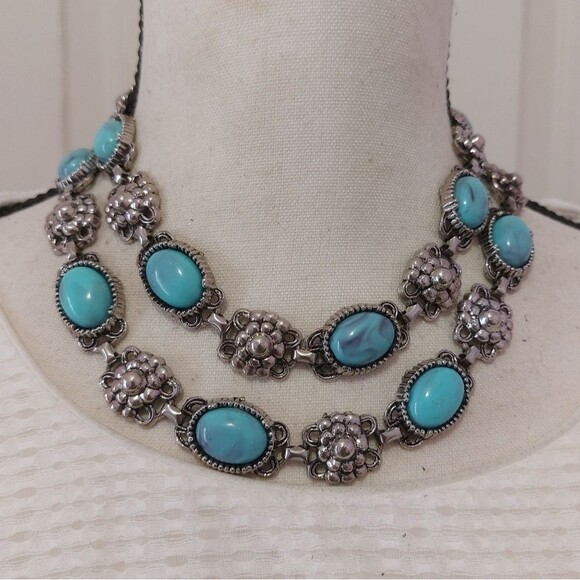 Vintage 1960s Faux Turquoise Cabochon and Silver Links Layered Choker Necklace - Picture 1 of 5